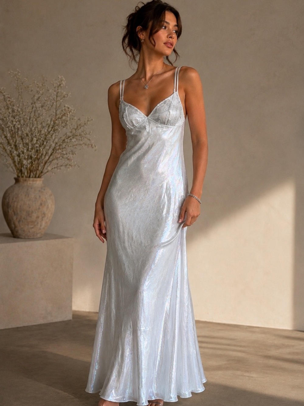 NWT Wild fable silver gray iridescent long slip dress size XS